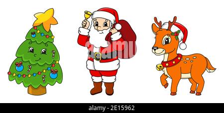 Satz von Zeichentrickfiguren. Märchenhafter Weihnachtsbaum, Weihnachtsmann mit Geschenken, niedlicher Hirsch. Frohes neues Jahr und Frohe Weihnachten. Von Hand gezeichnet. Farbvektor i Stock Vektor