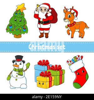 Satz von Zeichentrickfiguren. Weihnachtsbaum, weihnachtsmann, Hirsch, Schneemann, Geschenkboxen, Socke mit Süßigkeiten. Frohes neues Jahr und Frohe Weihnachten. Von Hand gezeichnet. C Stock Vektor