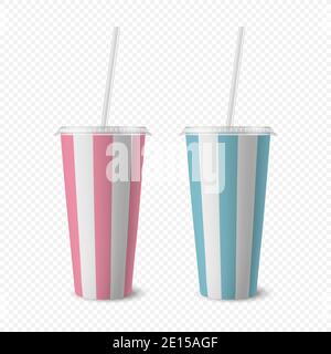 Vector 3d realistische gestreifte weiße Papier Einweg-Becher-Set mit Deckel, Stroh für Getränke, Getränke isoliert. Kaffee, Soda, Tee, Cocktail, Milchshake Stock Vektor