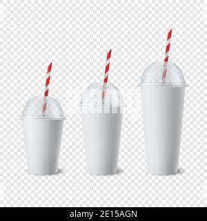 Vector 3d realistische White Paper Einweg Becher Set mit Deckel, Stroh für Getränke, Getränke isoliert. Kaffee, Soda, Tee, Cocktail, Milchshake, Saft Stock Vektor