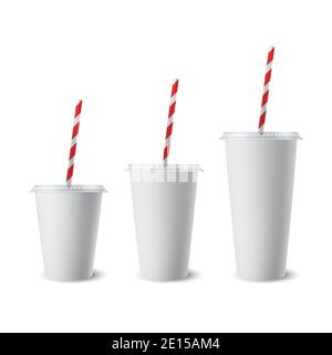 Vector 3d realistische White Paper Einweg Becher Set mit Deckel, Stroh für Getränke, Getränke isoliert. Kaffee, Soda, Tee, Cocktail, Milchshake, Saft Stock Vektor