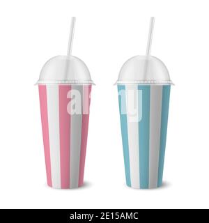 Vector 3d realistische gestreifte weiße Papier Einweg-Becher-Set mit Deckel, Stroh für Getränke, Getränke isoliert. Kaffee, Soda, Tee, Cocktail, Milchshake Stock Vektor