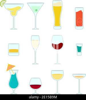 Set von verschiedenen Arten von alkoholischen Getränken wie Cocktails, Wein, Bier und mehr in Vektor Stock Vektor