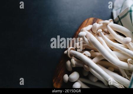 Kochen von weißen Pilzen auf dem dunkelgrauen Hintergrund Stockfoto