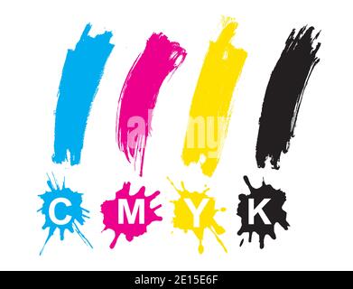 CMYK-Druckfarben, Ausrufezeichen, Spritzer. Abbildung von vier ausdrucksstarken Ausrufezeichen mit CMYK-Schriftzug. Stock Vektor