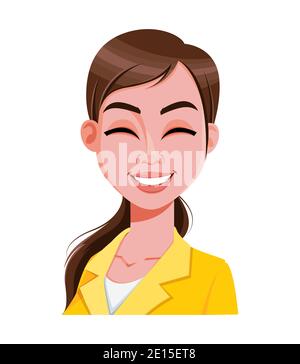 Stock-Vektor. Gesichtsausdruck der schönen Frau, lachend. Weibliche Emotionen. Niedliche Zeichentrickfigur in flachen Stil. Vektorgrafik Stock Vektor