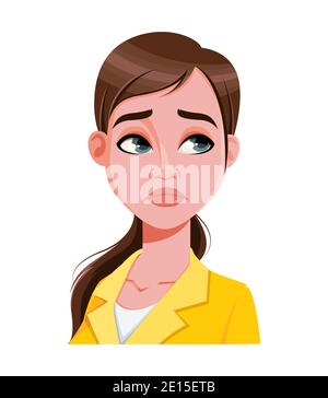 Stock-Vektor. Gesichtsausdruck der schönen Frau, enttäuscht. Weibliche Emotionen. Niedliche Zeichentrickfigur in flachen Stil. Vektorgrafik Stock Vektor