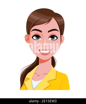 Stock-Vektor. Gesichtsausdruck der schönen Frau, fröhlich. Weibliche Emotionen. Niedliche Zeichentrickfigur in flachen Stil. Vektorgrafik Stock Vektor