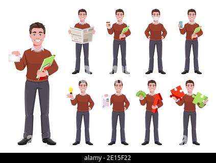 Stock Vektor erfolgreichen Geschäftsmann, Satz von neun Posen. Charakterdesign des Managers. Flache Vektorgrafik isoliert auf Weiß Stock Vektor