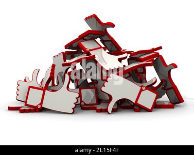 Bewertungen im Haufen. Handgesten Daumen nach oben und Daumen nach unten in einem Haufen auf weißer Oberfläche. Isoliert. 3D-Illustration Stockfoto