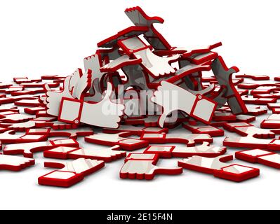 Bewertungen im Haufen. Handgesten Daumen nach oben und Daumen nach unten in einem Haufen auf weißer Oberfläche. Isoliert. 3D-Illustration Stockfoto