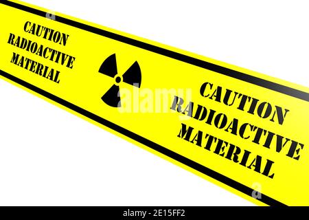 Radioaktives Material. Gelbes Warnband mit schwarzem Text ACHTUNG. RADIOAKTIVES MATERIAL. Isoliert. 3D-Illustration Stockfoto