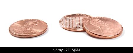 Drei Heads up Pennies auf weißem Hintergrund fotografiert Stockfoto