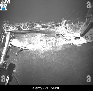 Fahrwerk des abgestürzten Flugzeugs AF 447 am April 2011. Nach drei erfolglosen Suchvorgängen brachte die vierte Suche, die einige Tage nördlich der bisherigen Suchgebiete mehr als 1000 Kilometer vor der brasilianischen Küste und 4000 Meter tief begann, unerwartete Ergebnisse, als E-Tauchroboter Remus 6000 das Wrack auf dem Boden des Atlantischen Ozeans entdeckte. Der Airbus A330-200 von Rio nach Paris verschwand am 1. Juni 2009 unter mysteriösen Bedingungen im Meer. Foto von BEA/ABACAPRESS.COM aushändigen Stockfoto