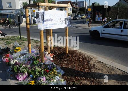 Photo de l'endroit Pry a Chelles, seine et Marne, France le 18 avril 2011 avant la marche silencieuse organizee devant l'emplacement de l'abrii de Bus ou un automobiliste a percute le 16 Avril des Gens et provque la mort de trois personnes, dont Alexandra, 28 ans, et sa fille Chaina, 2 ans, et l'oncle de l'enfant qui attendaient. Le chauffard, un homme age de 44 ans, etait en etat d'ebriete au Moment des faits et conduisait sans permis. Photo Mousse/ABACAPRESS.COM Stockfoto