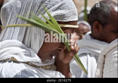 Äthiopische Nonnen nehmen an der Palmsonntagsprozession zum Beginn der Osterwoche in Jerusalem, Israel, am 17. April 2011 Teil. Foto von Arnaud Finistre/ABACAPRESS.COM Stockfoto