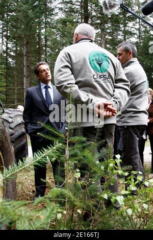 Der französische Präsident Nicolas Sarkozy besuchte am 28. April 2011 den Darnets-Wald bei Egletons, Correze, Zentralfrankreich. Foto von Ludovic/Pool/ABACAPRESS.COM Stockfoto