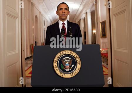 US-Präsident Barack Obama gibt am 1. Mai 2011 in Washington, DC eine Fernseherklärung ab. Präsident Obama kündigte an, dass Osama bin Laden getötet wurde. Foto von Brendan Smialowski/Pool/ABACAUSA.COM Stockfoto