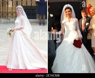 Links: Kate Middleton kommt in Westminster an, um am 29. April 2011 zu ihrer Hochzeit mit Prinz William in London zu heiraten. Foto von Frederic Nebinger/ABACAPRESS.COM Rechts: EXKLUSIV. Religiöse Hochzeit des belgischen Prinzen Edouard de Ligne La Tremoille und der italienischen Schauspielerin Isabella Orsini in Antoing, Belgien am 5. September 2009. Das Kleid von Kate Middleton, ein Design von Sarah Burton für das Modehaus von Alexander McQueen, erinnert an Isabella Orsinis Hochzeitskleid des belgischen Designers Gerald Watelet. Foto von Gouhier-Guibbaud-Gorassini/ABACAPRESS.COM Stockfoto