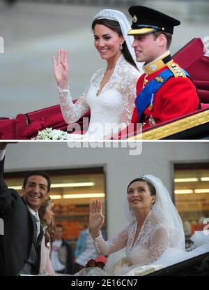 Oben: Prinz William und Prinzessin Catherine verlassen Westminster Abbey im Kutschenwagen nach ihrer Hochzeitszeremonie am 29. April 2011 in London. Die ehemalige Kate Middleton heiratete Prinz William vor 1,900 Gästen. Foto von Frederic Nebinger/ABACAPRESS.COM unten: EXKLUSIV. Religiöse Hochzeit des belgischen Prinzen Edouard de Ligne La Tremoille und der italienischen Schauspielerin Isabella Orsini in Antoing, Belgien am 5. September 2009. Das Kleid von Kate Middleton, ein Design von Sarah Burton für das Modehaus von Alexander McQueen, erinnert an Isabella Orsinis Hochzeitskleid, das von der belgischen Designerin kreiert wurde Stockfoto