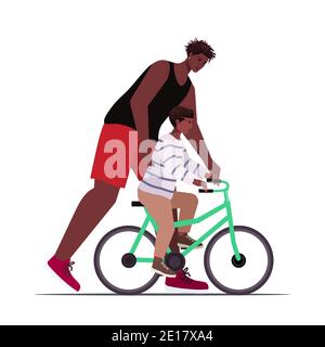 afroamerikanischer Vater unterrichtet kleinen Sohn Fahrrad Parenting fahren Vaterschaft Konzept Papa verbringt Zeit mit seinem Kind voller Länge vektorgrafik Stock Vektor