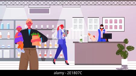 Vater mit kleiner Tochter kauft Lebensmittel im Supermarkt Vaterschaft Elternschaft Shopping Konzept Lebensmittelgeschäft Interieur horizontale Vektor-Illustration Stock Vektor