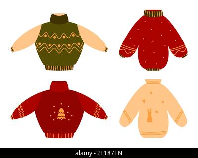 Hübsch gemütlich hässlich rot Weihnachten Pullover flach set. Gestrickte Winterkleidung. Pullover mit Ornament oder Hirsch. Traditioneller Weihnachtspullover, lustige Weihnachtsdrucke. Hygge Zeit. Isoliert auf weißer Vektorgrafik Stock Vektor