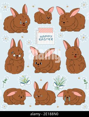 Frohe Ostern Text ist auf dem Papier mit Washi-Band und Frieden der Zeitung. Set von Kaninchen mit verschiedenen Emotionen. Glücklich, weinen, unglücklich, wunderte sich in lov Stock Vektor