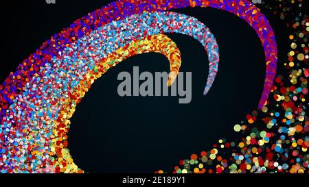 Drei radiale Streifen von farbigen Partikeln zu einer Spirale verschmelzen. Computergeneriertes 3d-Rendern. Magischer festlicher Hintergrund mit Bokeh und Funkeln. Stockfoto