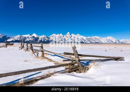 Malerische Winteransicht der Teton Range im Grand Teton National Park, Jackson Hole, Wyoming Stockfoto