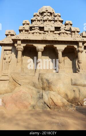 Fünf Rathas Denkmal Komplex in Mahabalipuram, Indien. Stockfoto