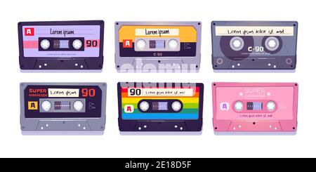 Audiokassetten, Retro-Bänder, Medienspeicher für Musik und Ton isoliert auf weißem Hintergrund. Analoges Hipster-Gerät im Vintage-Stil, Mixtapes aus der Kultur der achtziger Jahre. Cartoon Vektorgrafik, Set Stock Vektor