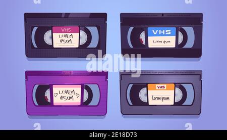 VHS-Kassetten, alte Bänder für Video-Home-System und Videorecorder. Vector Cartoon Set von Vintage-Kassetten mit leeren Etiketten Aufkleber. Retro-Videoband für Filmaufnahmen, Medien, tv und Kino Stock Vektor