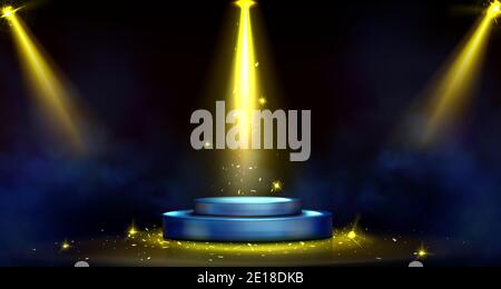 Rundes Podium, leere Bühne beleuchtet von Scheinwerfern. Vector realistische Modell der kreisförmigen Plattform, blauen Sockel, gelbe Projektorstrahlen, Rauch und glänzend goldenen Konfetti auf schwarzem Hintergrund Stock Vektor