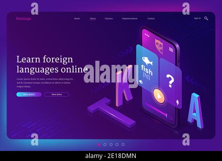 Online Fremdsprachen lernen isometrische Landing Page. Mobiltelefon mit mehrsprachiger Anwendung oder Internet-Service für Bildung. Smartphone-App für das Studium, 3d-Vektor-Ultraviolett-Web-Banner Stock Vektor