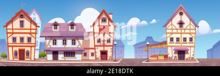 Mittelalterliche deutsche Straße mit Fachwerkhäusern. Traditionelle europäische Gebäude in der Altstadt oder im Dorf. Vector Cartoon Landschaft mit fachwerk Hütten und Lebensmittelmarkt Stock Vektor