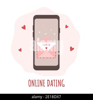 Online Dating App Konzept. Alles gute zum Valentinstag. Smartphone mit Chat und Liebesnachrichten. Vektor-Illustration in flachen Cartoon-Stil Stock Vektor