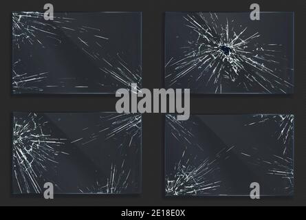 Zerbrochenes Glas mit Rissen und Loch von Aufprall oder Kugelschuss. Rechteckige Form klar Acryl oder Plexiglas Rahmen mit abgestürzten Textur, Kratzer und bricht realistische 3d-Vektor-Illustration, Set Stock Vektor
