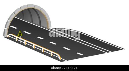 Eingang zum Autotunnel mit Parkplatz und Warnschild. Autobrücke mit gewölbtem Tunnel in den Bergen. Vektor Stock Vektor