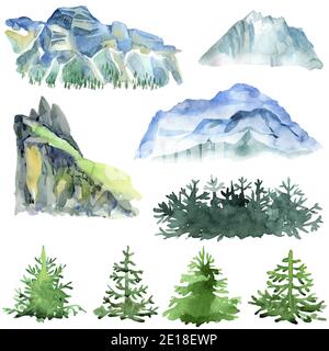 Aquarellmalerei. Handgezeichnete Abbildung. Berge und Bäume isoliert auf weiß. Designelemente der Naturlandschaft. Stockfoto