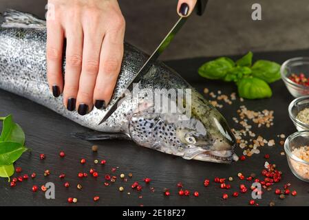 Koch schneidet frischen Lachs in der Küche. Frau Koch schneidet Lachs in Stücke Stockfoto