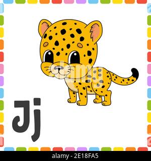 Lustiges Alphabet. Buchstabe J - jaguar. ABC quadratische Flash-Karten. Cartoon-Charakter auf weißem Hintergrund isoliert. Für Kindererziehung. Arbeitsblatt zur Entwicklung. L Stock Vektor