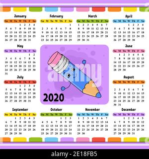 Bleistift mit Radierer. Kalender für 2020 mit einem niedlichen Charakter. Lustiges und helles Design. Isolierte Farbvektordarstellung. Cartoon-Stil. Stock Vektor