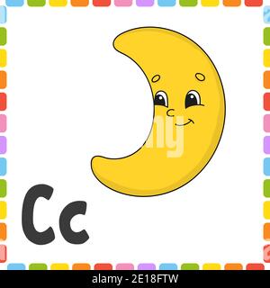 Lustiges Alphabet. Buchstabe C - Halbmond. ABC quadratische Flash-Karten. Cartoon-Charakter auf weißem Hintergrund isoliert. Für Kindererziehung. Arbeitsblatt zur Entwicklung. Stock Vektor