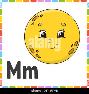 Lustiges Alphabet. Buchstabe M - Mond. ABC quadratische Flash-Karten. Cartoon-Charakter auf weißem Hintergrund isoliert. Für Kindererziehung. Arbeitsblatt zur Entwicklung. Lea Stock Vektor