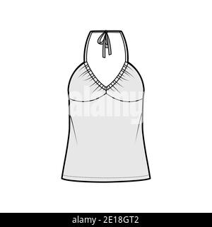 Top V-Ausschnitt Halfter Tank technische Mode-Illustration mit Empire-Naht, dünnen Tunika, überdimensioniert, Schleife, Tunika Länge. Flach nach außen Schablone vorne, grau. Frauen Männer Unisex CAD mockup Stock Vektor