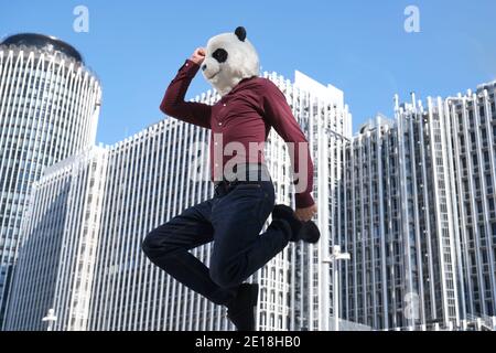 Der junge Geschäftsmann trägt eine Panda-Kopfmaske und springt vor die Firmengebäude. Bizarrer Geschäftsmann. Stockfoto
