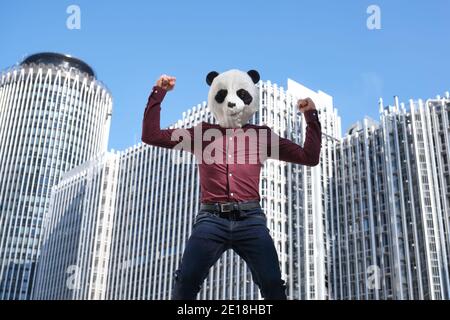 Junger Geschäftsmann mit Panda-Kopfmaske, stark vor den Firmengebäuden. Bizarrer Geschäftsmann. Stockfoto