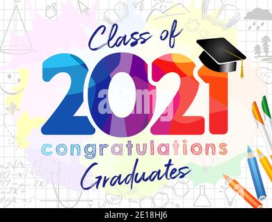 Klasse der 2021-jährigen Graduierung Banner, Auszeichnungen Konzept. Einladungskarte mit Kursabschaltung in Farbe. Gebeizte 3D-Ziffern. Isoliertes abstraktes Grafikdesign Stock Vektor