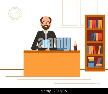 Chef in einem Anzug, der an einem Laptop-Computer arbeitet. Geschäftsmann sitzt am Schreibtisch. vektor-Illustration in modernen flachen Stil auf weißem Hintergrund. Stock Vektor